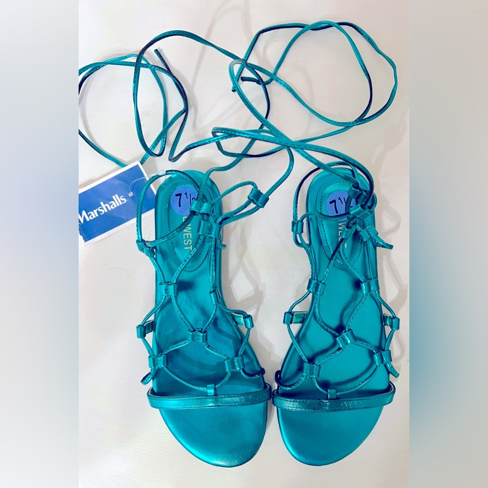Nine West Women’s Metallic Turquoise Gladiator Flat Sandals